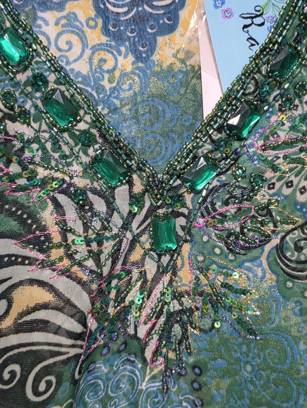 RAVIYA Tunic Blouse Womens Large Green Blue Beaded Boho Forest Fairy Bell Sleeve - Picture 6 of 14